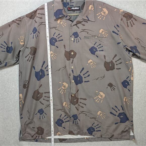 Vintage FUBU Mens XXL Button Up Shirt Gray Short Sleeve Hand Print Graphic - Picture 5 of 8